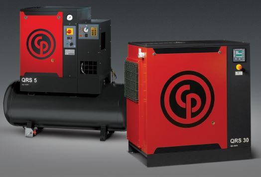 chicago pneumatic QRS5 5 HP tank mounted belt drive rotary 

screw air compressor with integrated refrigerated air dryer and chicago pneumatic QRS30 30 HP belt drive  rotary screw air compressor.