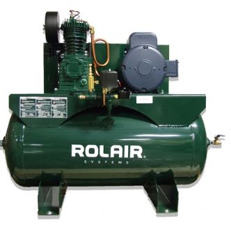 rolair H3130K18 3HP single stage air compressor mounted on a 30 gallon horizontal 

tank