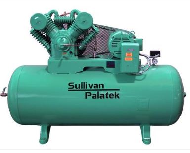 sullivan palatek SPHT-755-120 10 HP two stage reciprocating air compressor mounted on a 120 gallon horizontal receiver 

tank
