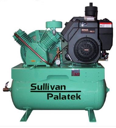 sullivan palatek SPUL-753 11 HP gas powered two stage reciprocating air compressor mounted on a 30 gallon horizontal 

receiver tank